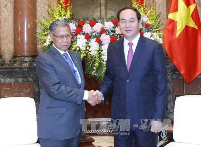 Chủ tịch nước Trần Đại Quang tiếp ông Datuk Seri Mustapa Mohamed, Bộ trưởng Ngoại thương và Công nghiệp Malaysia đang thăm và làm việc tại Việt Nam. Ảnh: Nhan Sáng/TTXVN